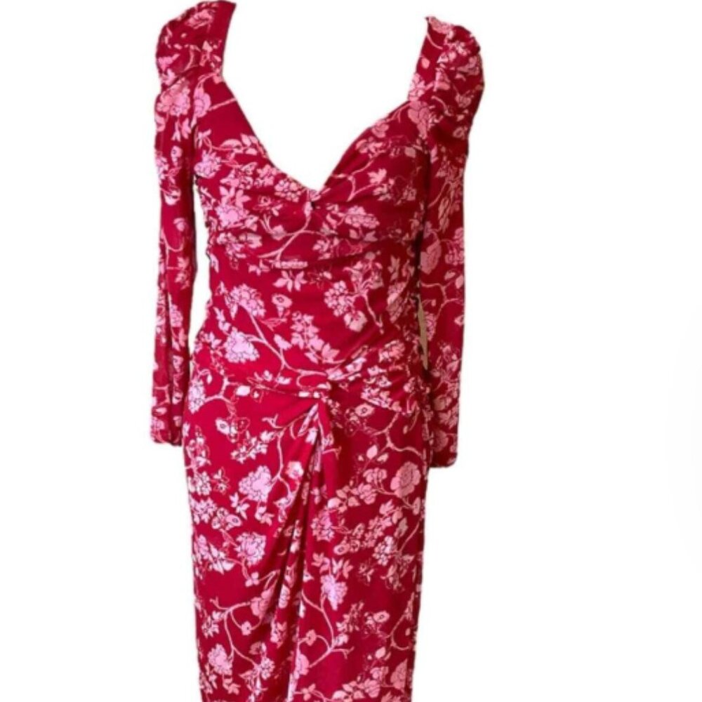 House of Harlow 1960 Pink Floral Mesh Ruched Midi Dress | Size L